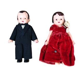 Vintage Celluloid Dolls Bride Groom Red Velvet Dress Rhinestones Cake Toppers